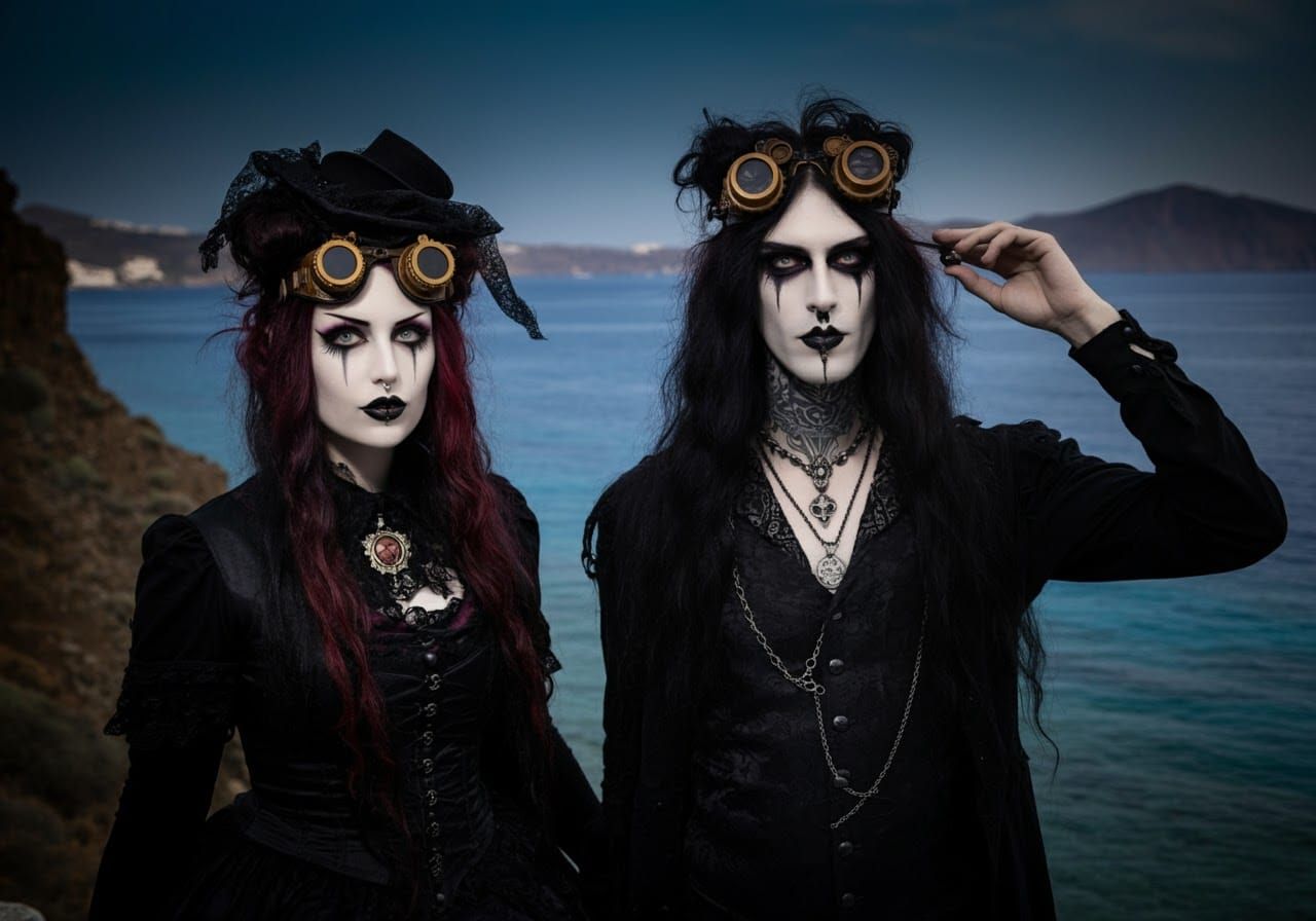 Gothic Couple on Aegean Coast in Glitchcore Style