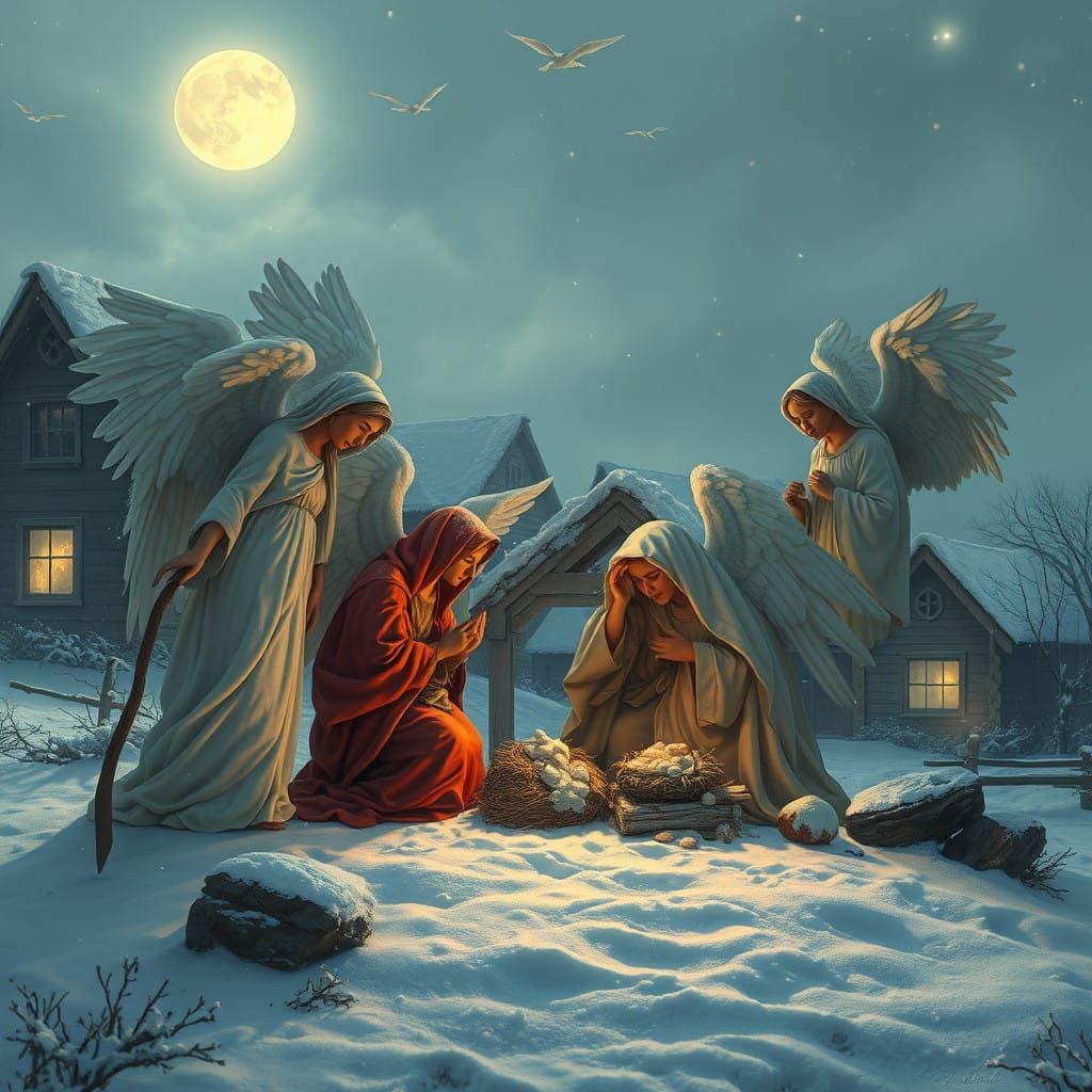 Holy Nativity Scene in Moonlit Bethlehem Village