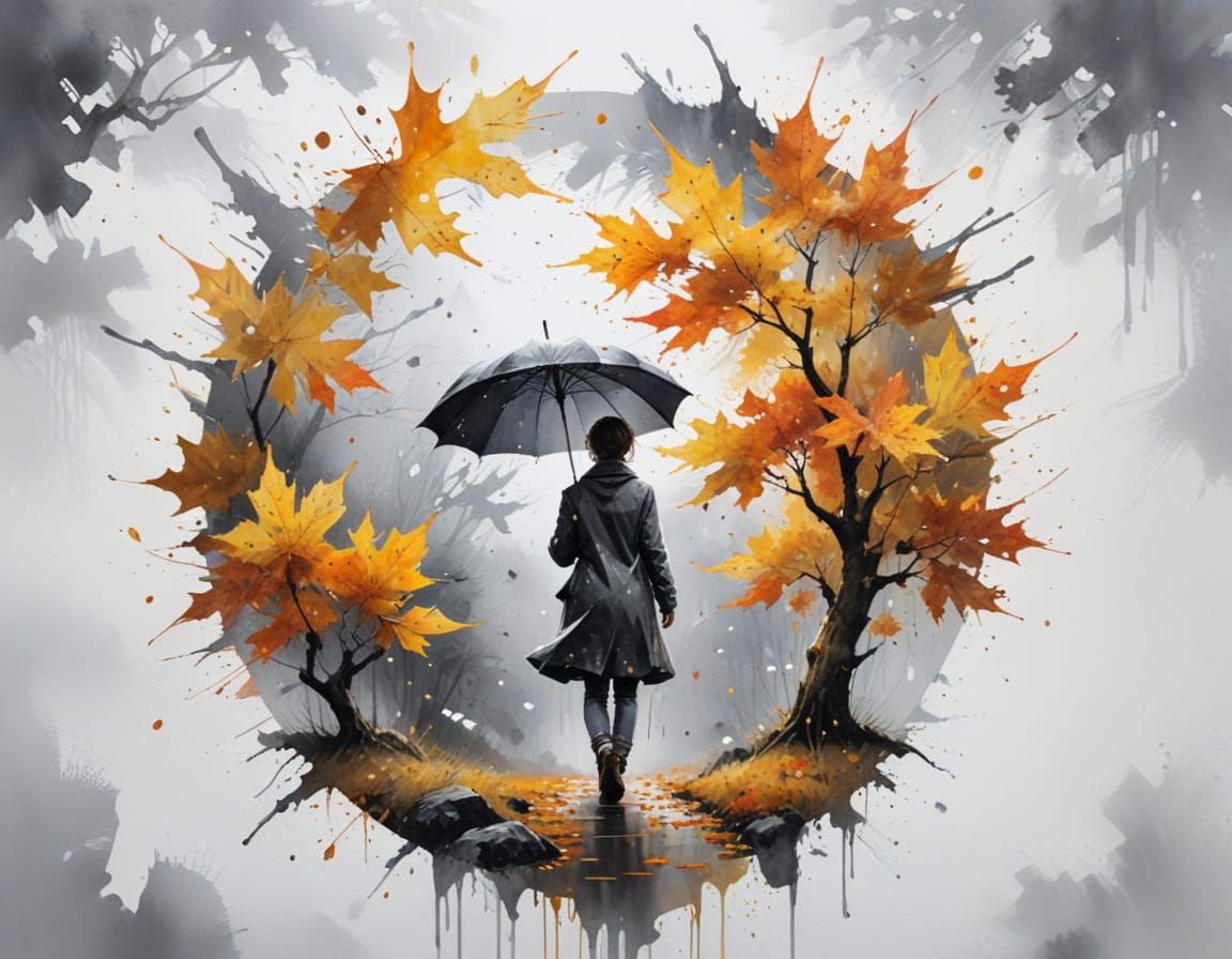 Golden Maple Tree with Traveler in Autumn Rain