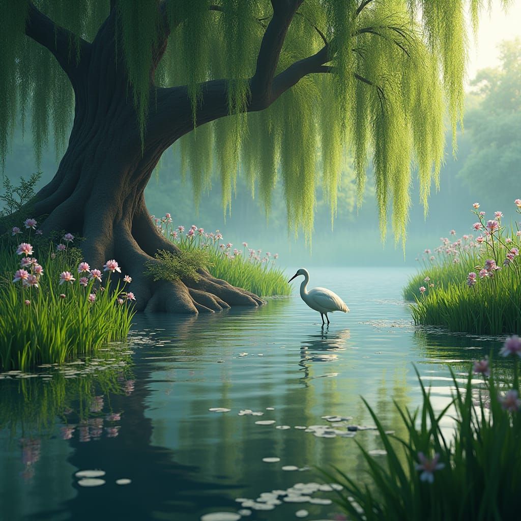Enchanted Pond Scene with Egret, as Matte Painting