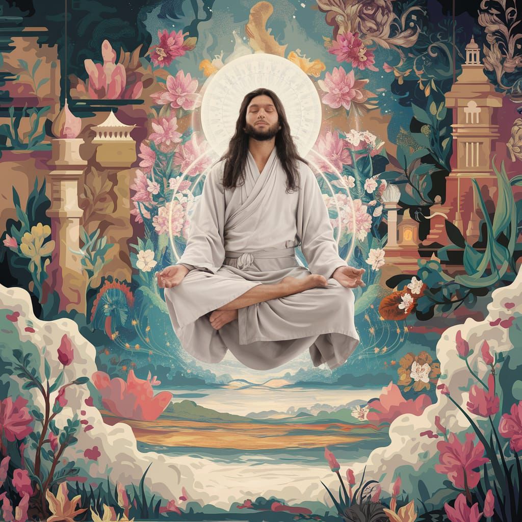 Meditating Man Hovering in Serene Floral Landscape