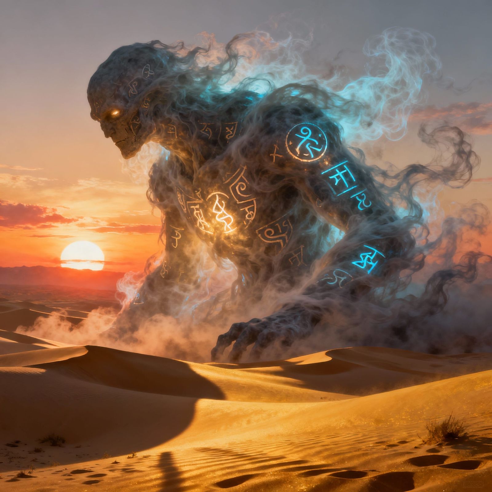 Colossal Mist Golem Emerges from Desert at Sunset