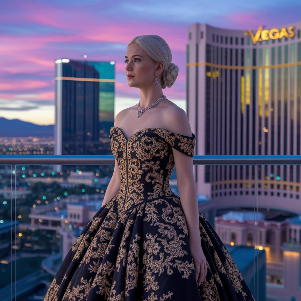 Woman in Black and Gold Gown on Vegas Terrace