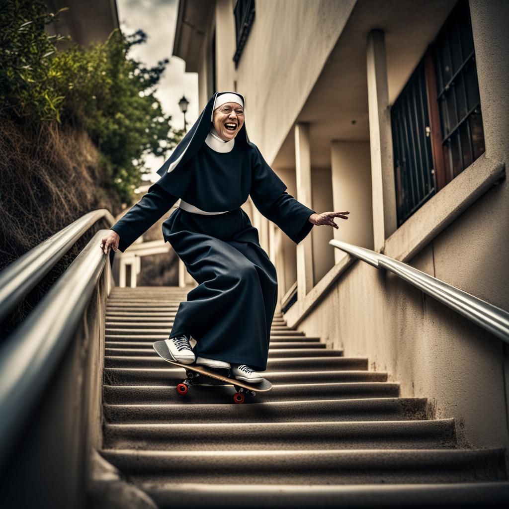 Happy Nun Skateboarding in Hyperrealistic Style