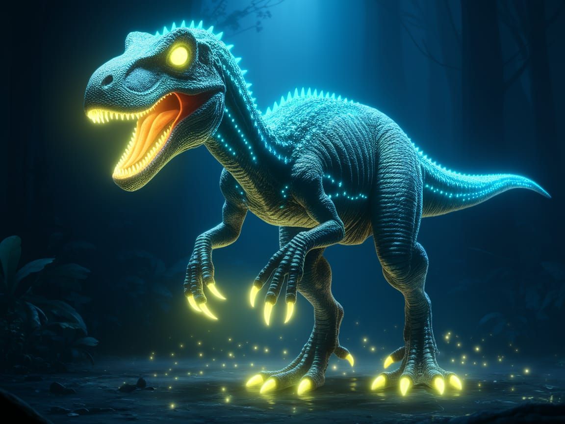 Mystical Bioluminescent Velociraptor in a Dimly Lit Forest