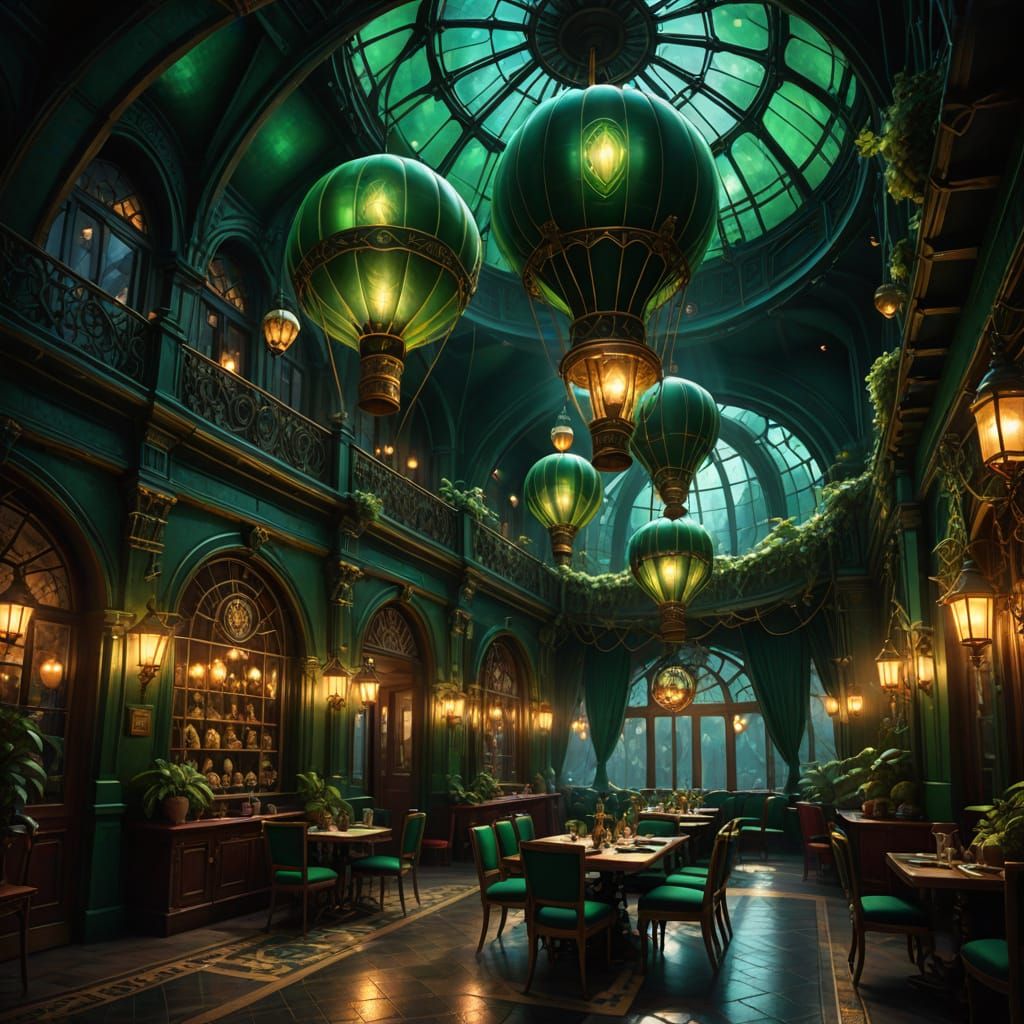 Enchanted Cafe Interior with Arched Glass Ceiling and Hot Ai...
