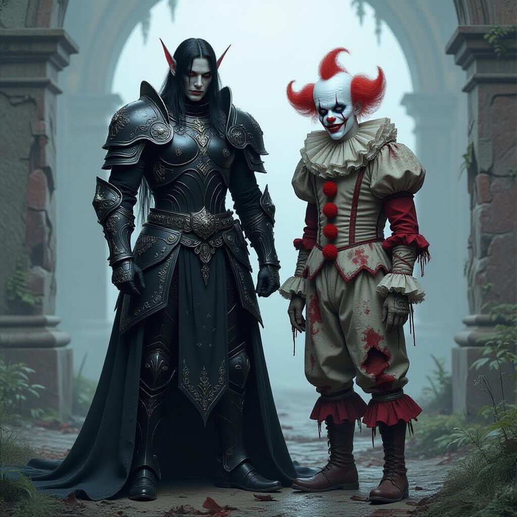 Dark Elf Warrior and Zombie Clown in Gothic Horror Style