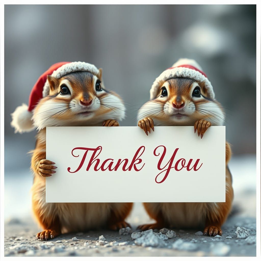 Cute Chipmunks Holding Thank You Signs in Winter