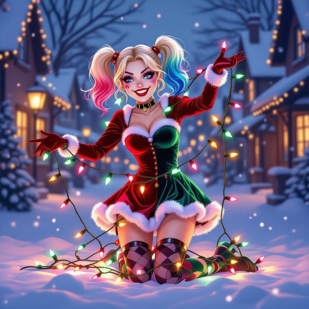 Harley Quinn Tangled in Christmas Lights