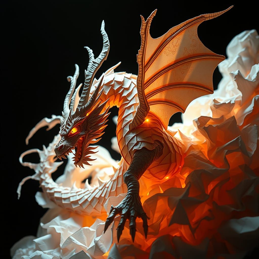 Paper Dragon sculpted from parchment and runes