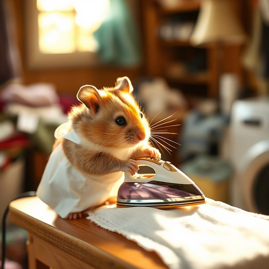 Hamster Ironing Laundry in Natural Lighting