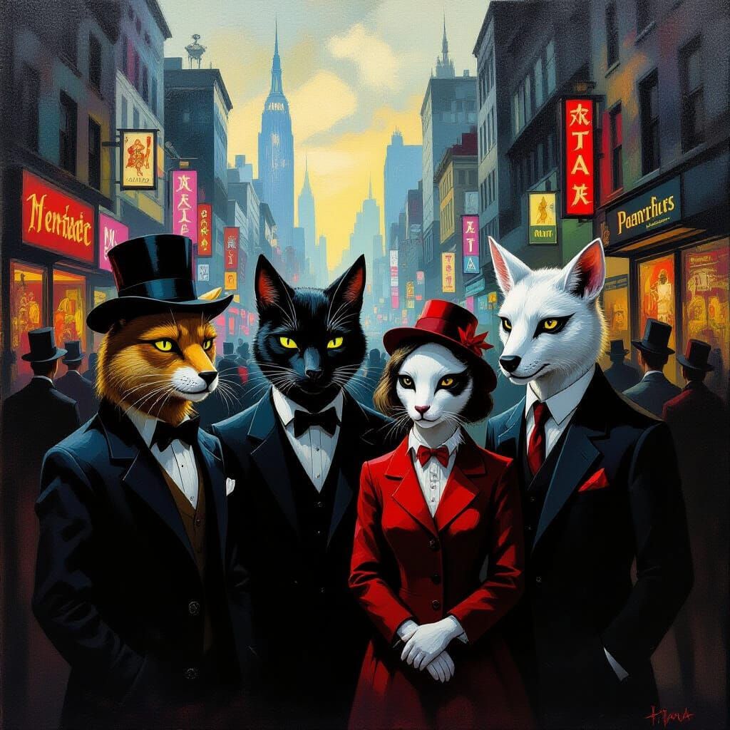 Surrealist Animals in Disguise in a Shadowy Metropolis