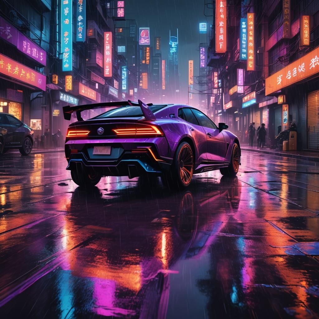 Cyberpunk Car in Rainy Chinese Cityscape