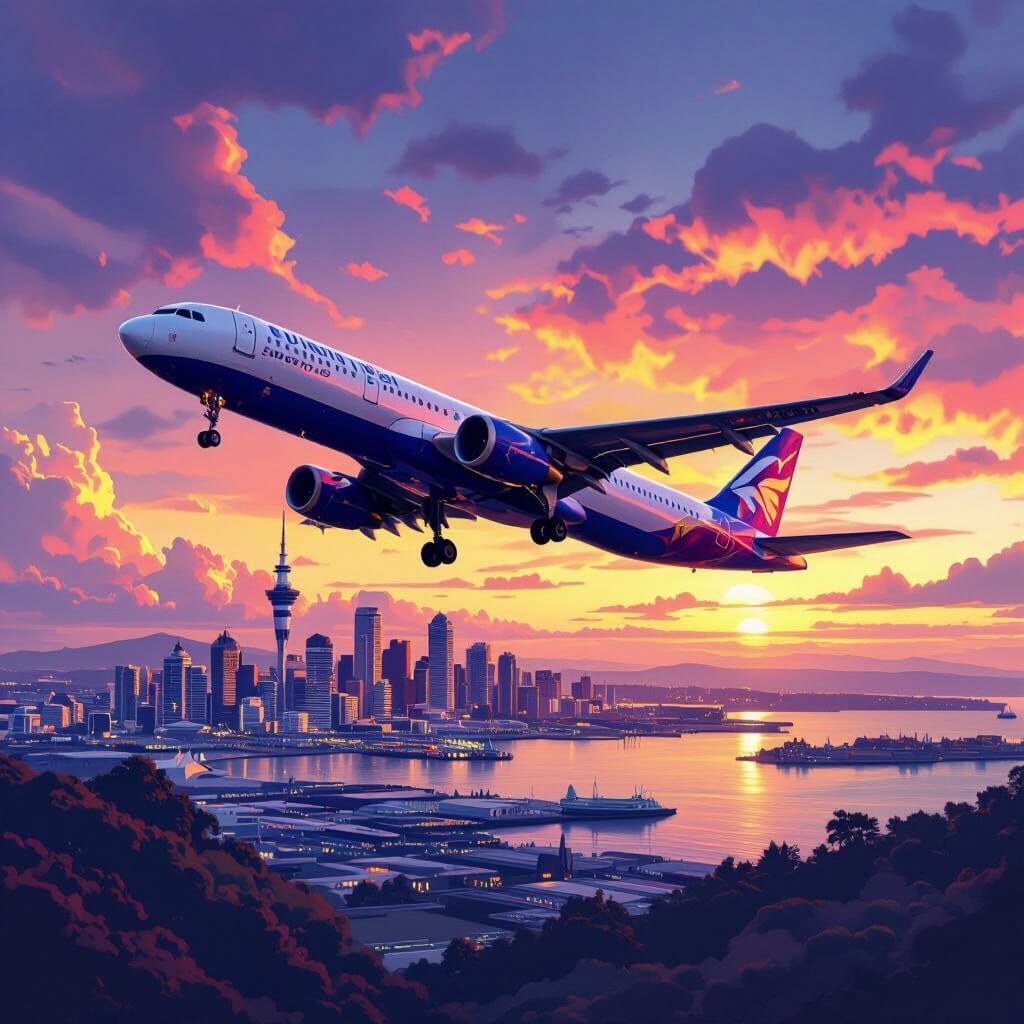 Airplane Soaring Over Auckland: Matte Painting Style