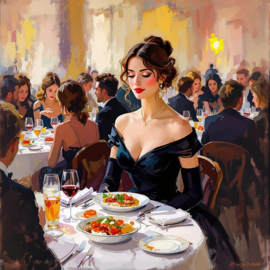 Crowded Restaurant Scene in Impressionist Style