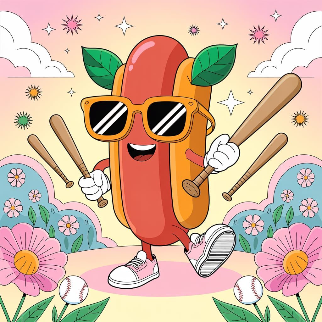 Smiling Hot-Dog Character in Sunglasses with Baseball Bat