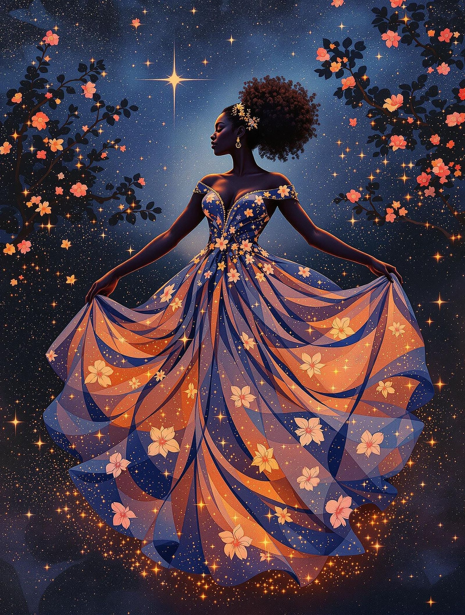 Cosmic African Goddess Embodying Harmony in a Twinkling Orch...