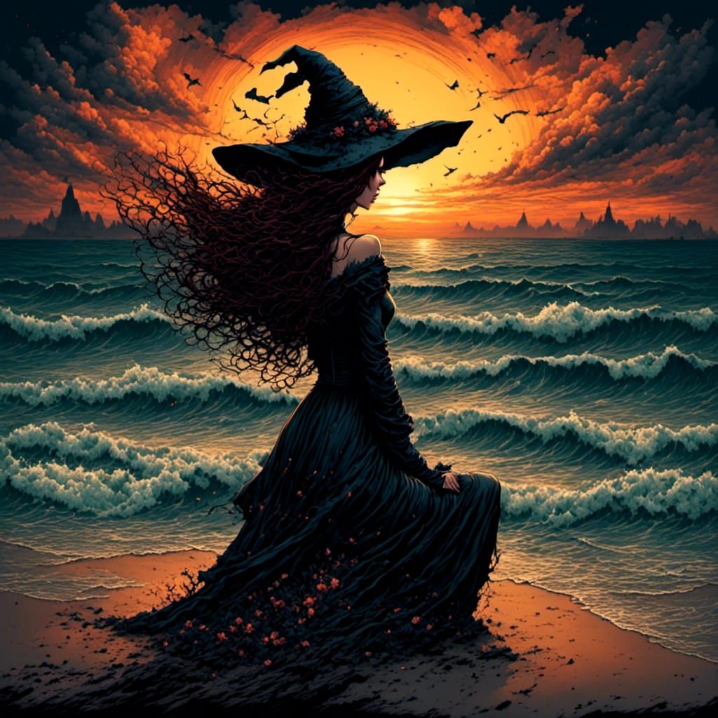 Sunset Beach Witch Fantasy Art