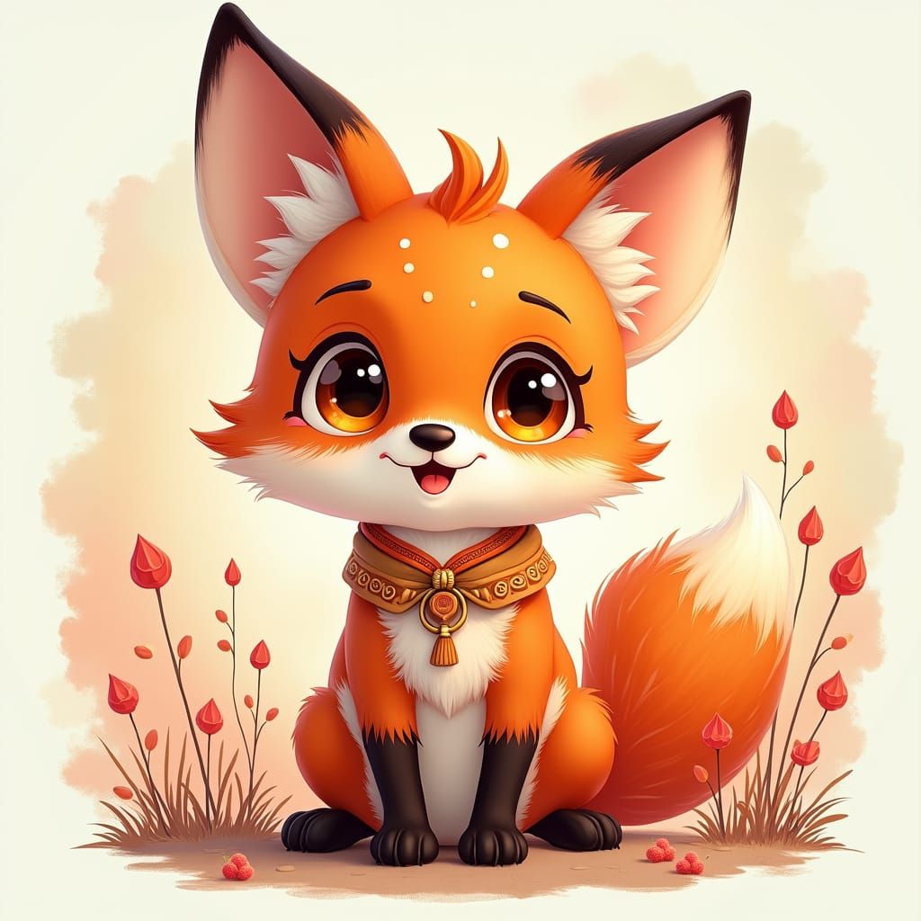 Playful Fox with Sparkling Eyes in Watercolor Style