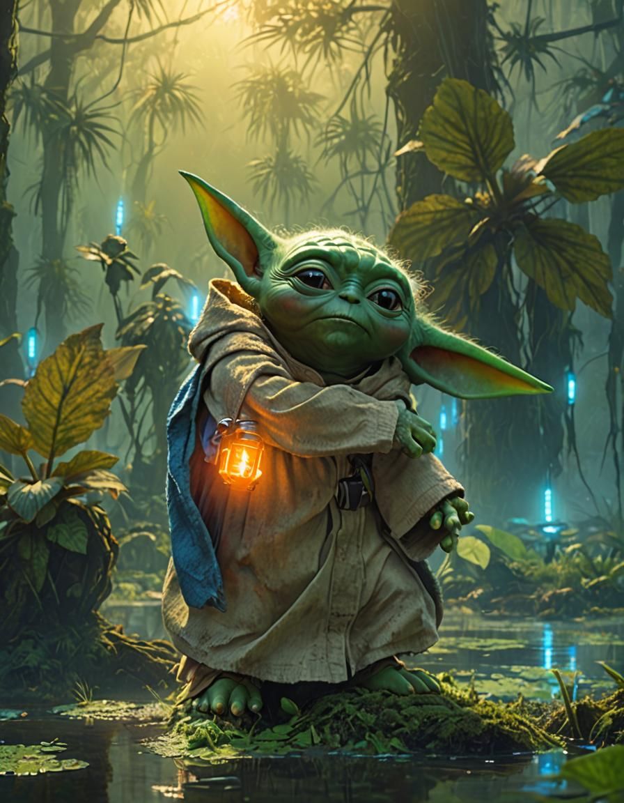 Yoda and Baby Yoda in a Lush Swamp: Matte Painting