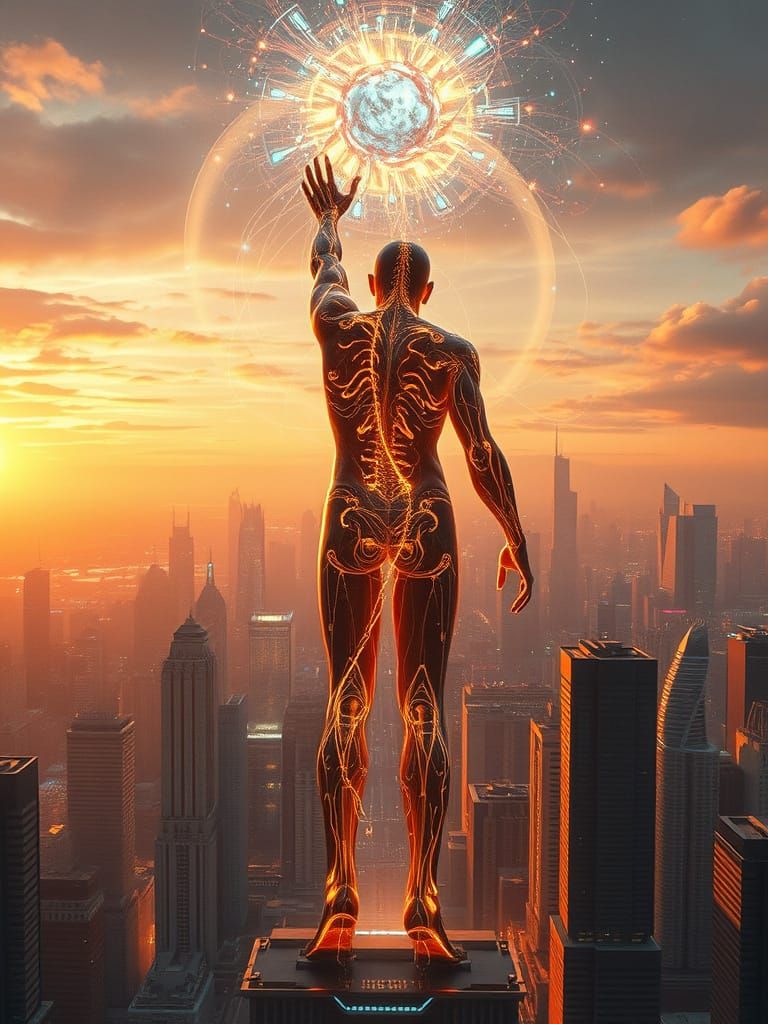 Cybernetic Entity Emerges in Futuristic Metropolis