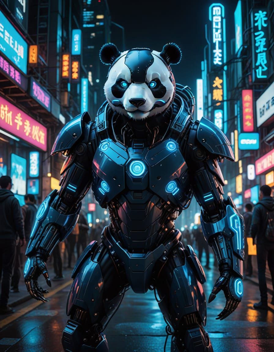 Cyberpunk Panda Cyborg Warrior in Futuristic City
