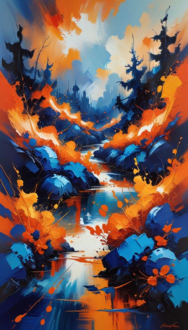 Abstract Expressionist Landscape in Fiery Oranges and Blues
