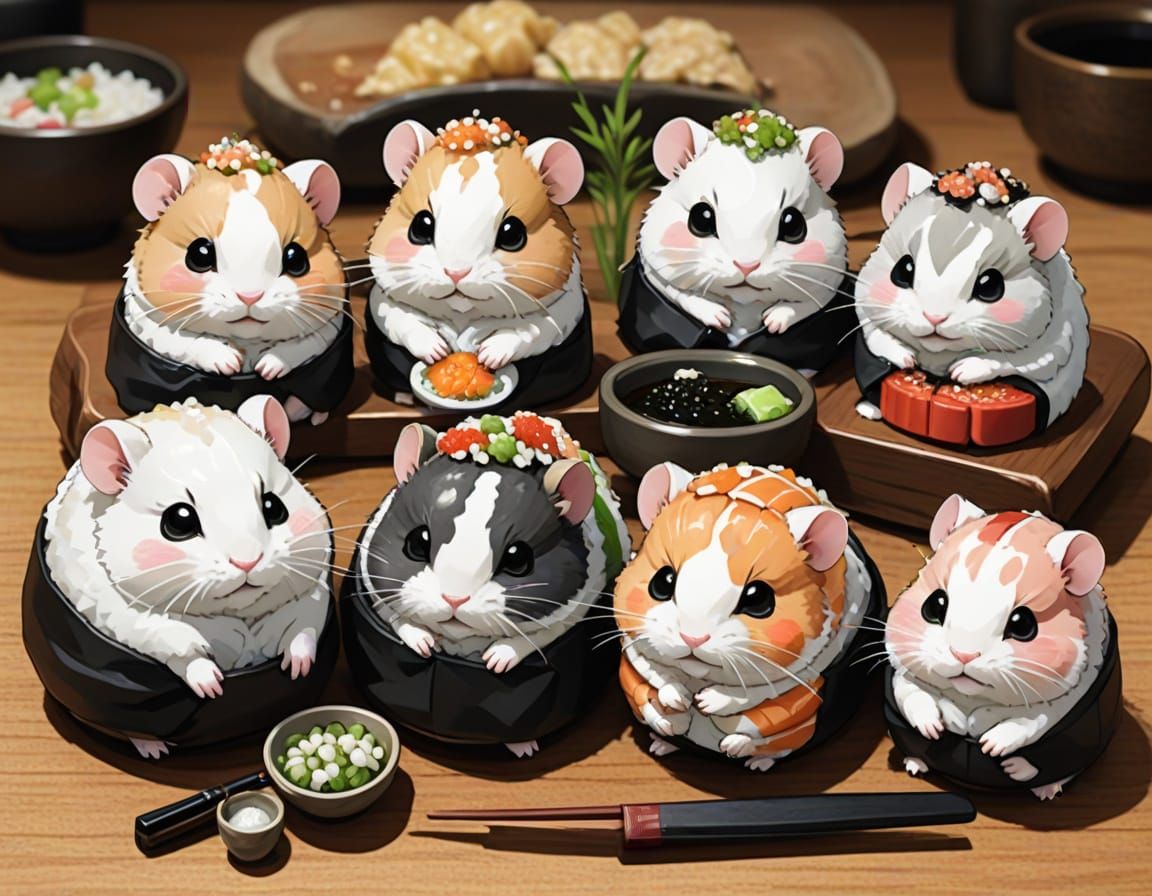 Cute Sushi Hamsters in Traditional Japanese Art Style