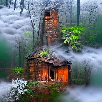 Eerie Abandoned Log House in Misty Woods