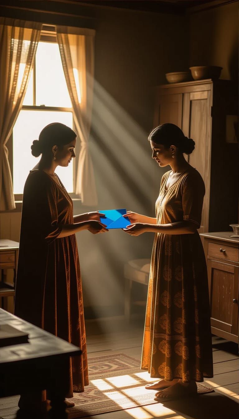 Mother Gives Son Blue Envelope in Dusty Home