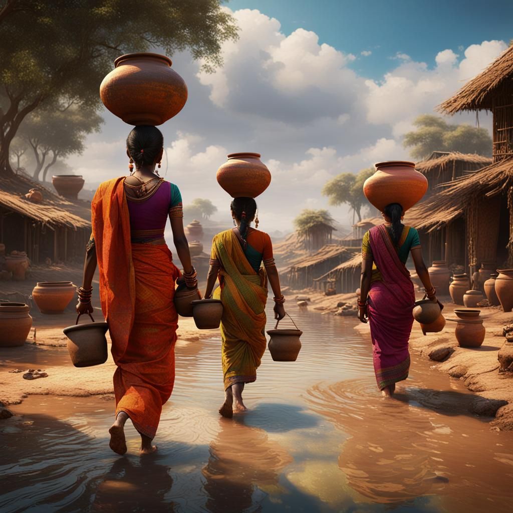 Indian Women Collecting Water: Detailed Matte Painting