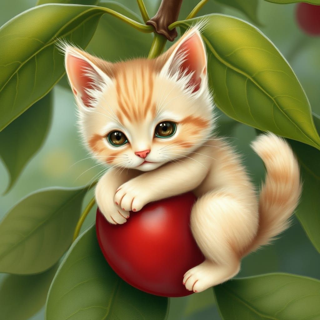 Whimsical Cherry Kitten in a Verdant Dreamworld