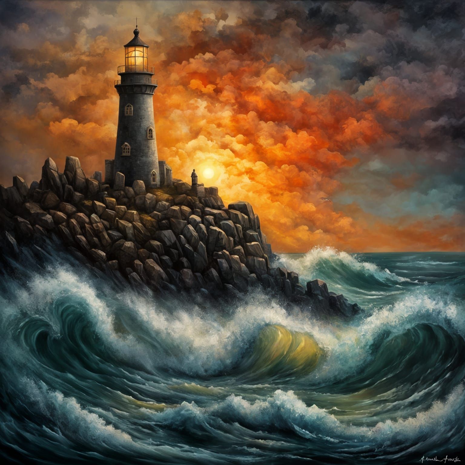 Lighthouse Sunset: Impressionist Oil Painting with Thick Bru...