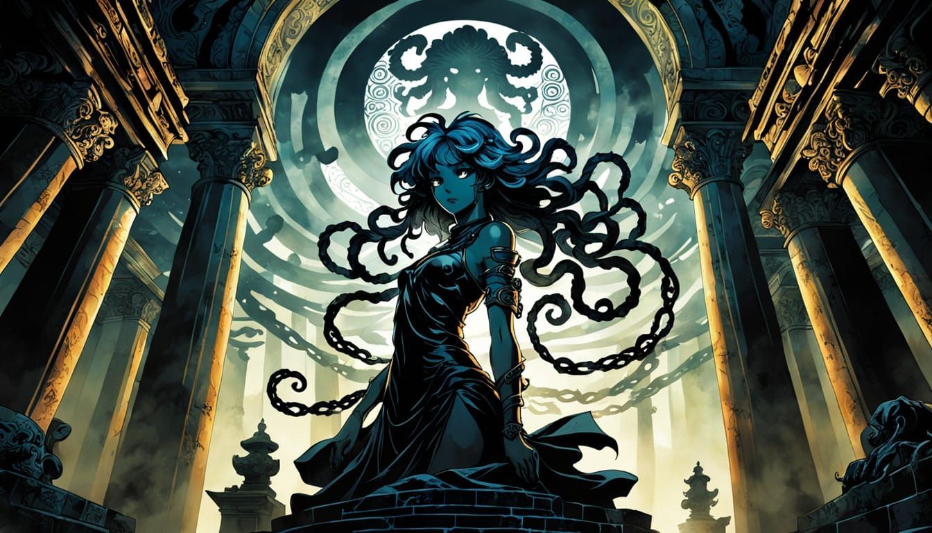 Seductive Medusa Silhouette in a Surreal Greecian Temple