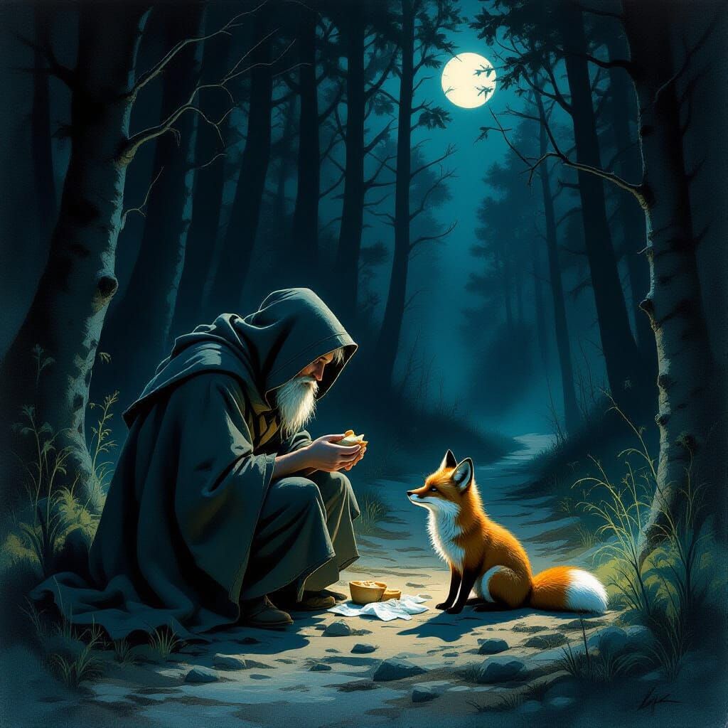 Compassionate Traveler Aids Injured Fox in Moonlit Forest