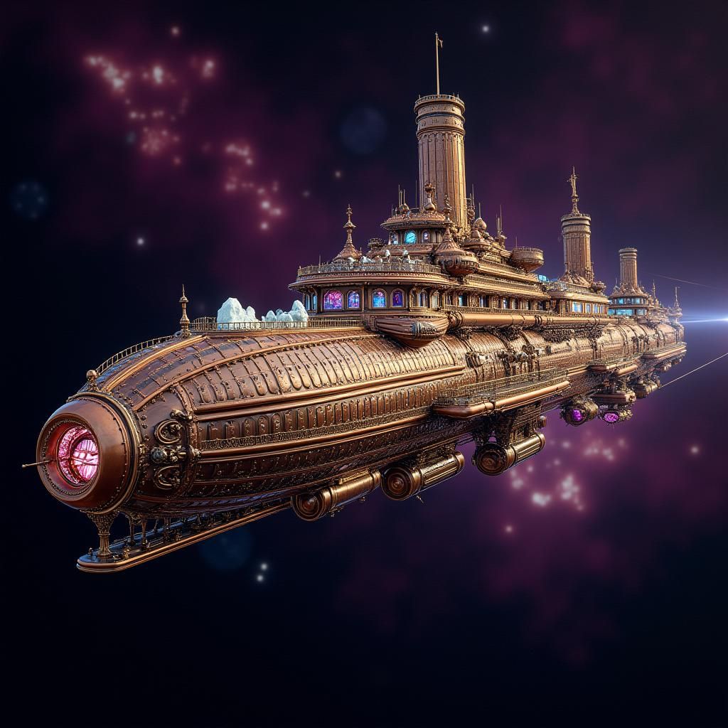 Opulent Jules Verne Spaceship Drifting Through Space