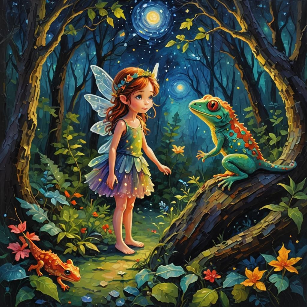 Fairy and Gecko in Forest, Impasto Oil Painting