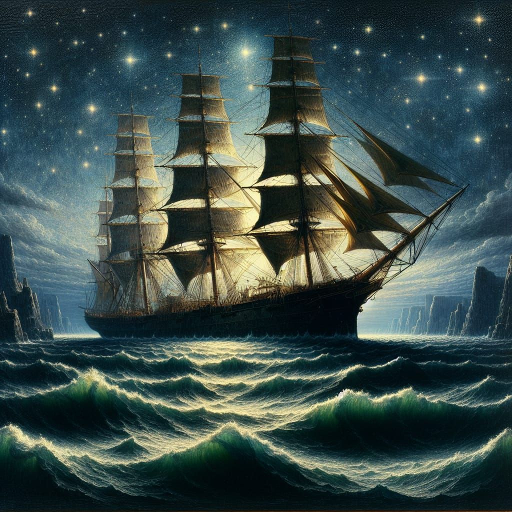 Sailing Ship at Night: A Geometric Oil Painting