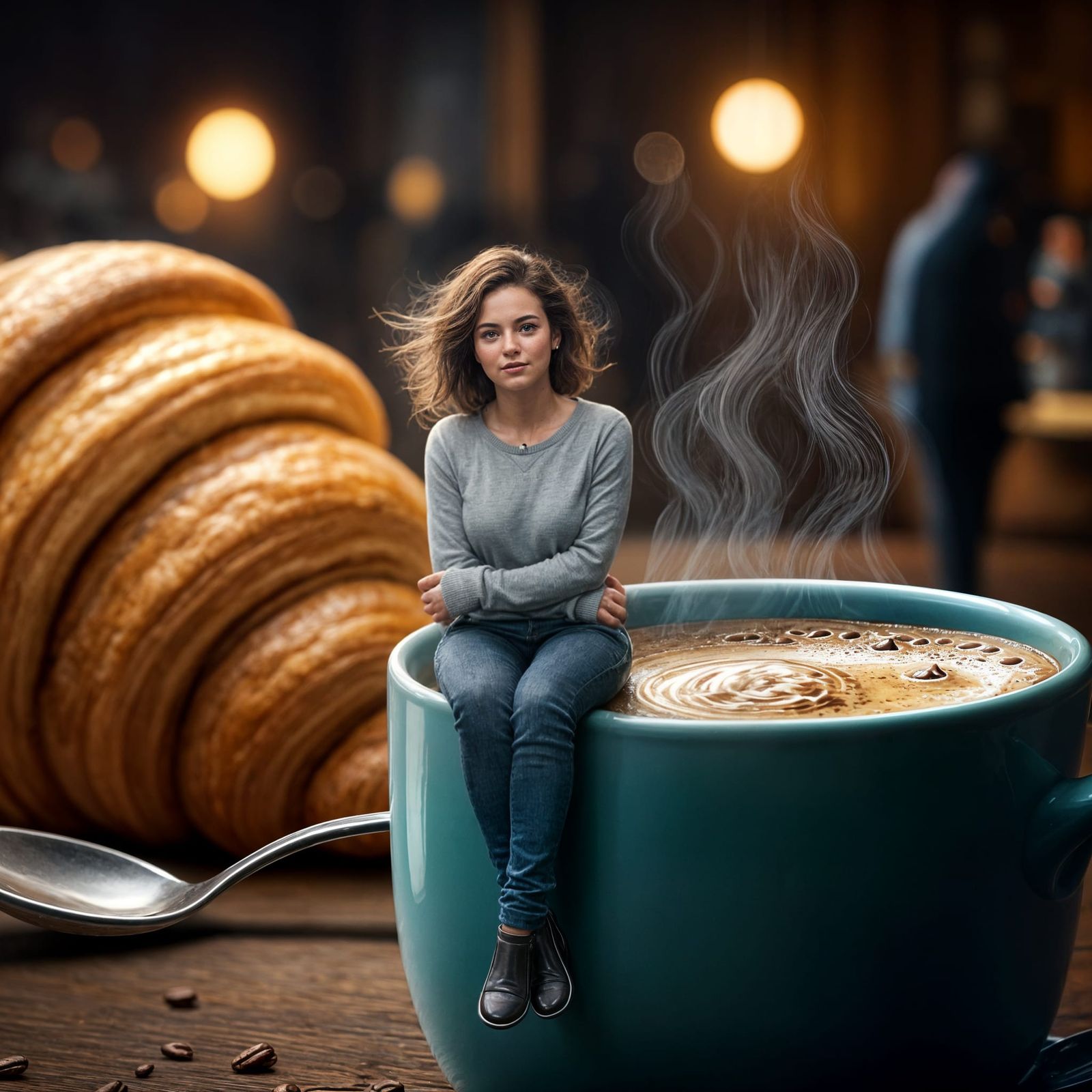 Miniature Woman on Coffee Mug, Hyperrealistic Style