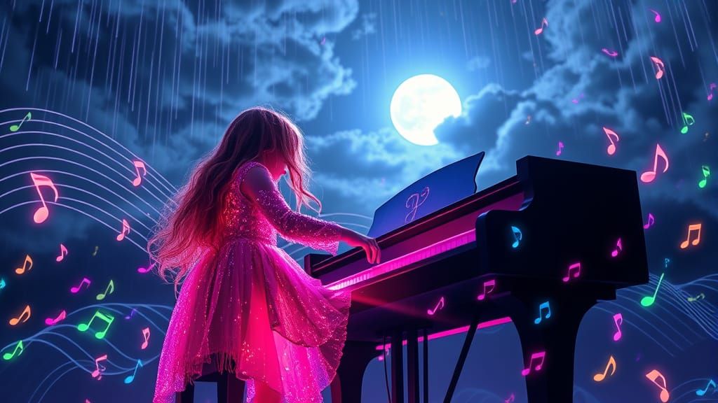 Neon Child Plays Piano in Bioluminescent Storm