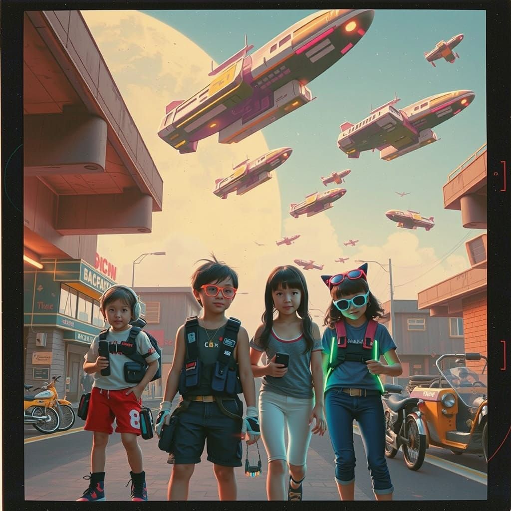 Vintage Kids in Retro-Futuristic Summer Neighborhood with Gu...