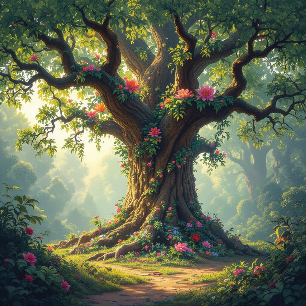 Enchanted Forest Clearing with Blossoming Tree