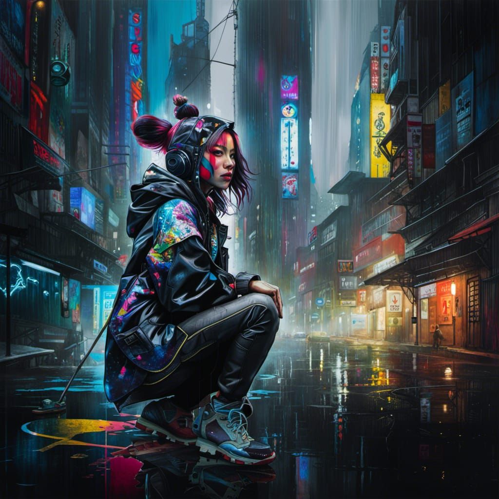 Rainy Tokyo Cyberpunk Night in Triadic Colors