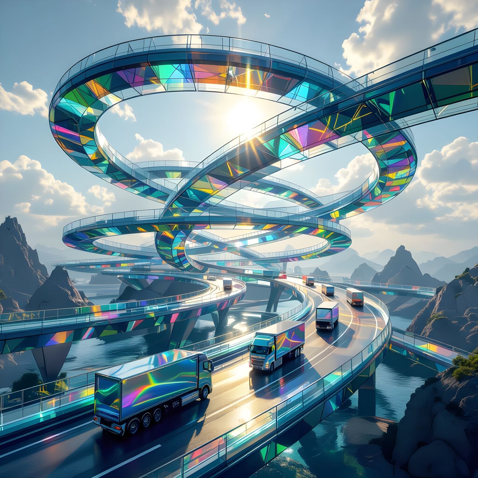 Escher-Style Glass Highway with Rainbow Refractions