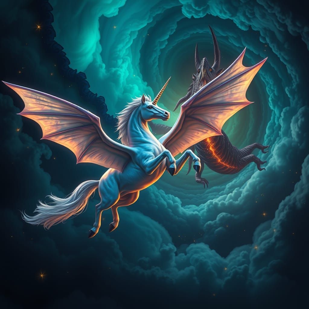 Ethereal Unicorn Battles a Fierce Dragon in a Celestial Land...