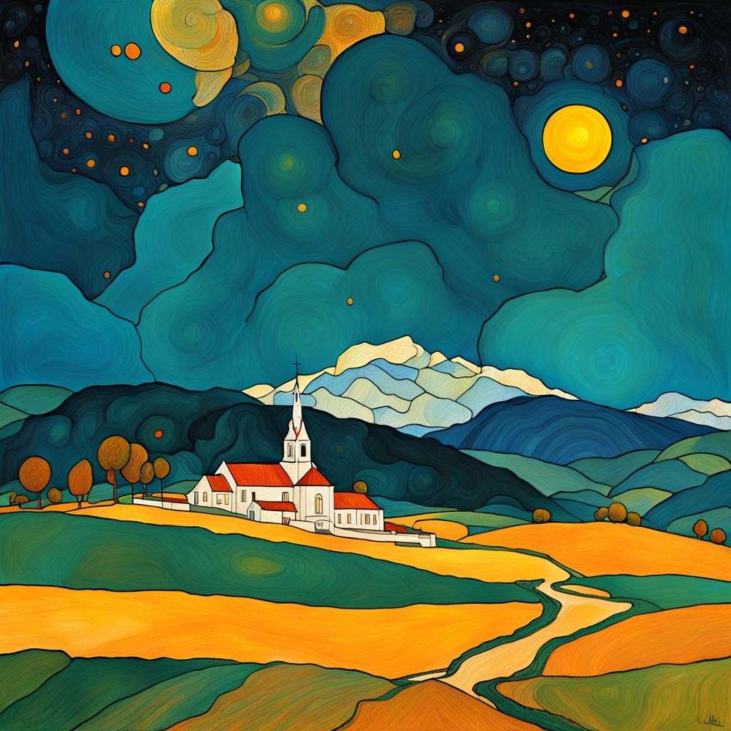 Church on Hill: Organic Line Drawing in Art Nouveau Style