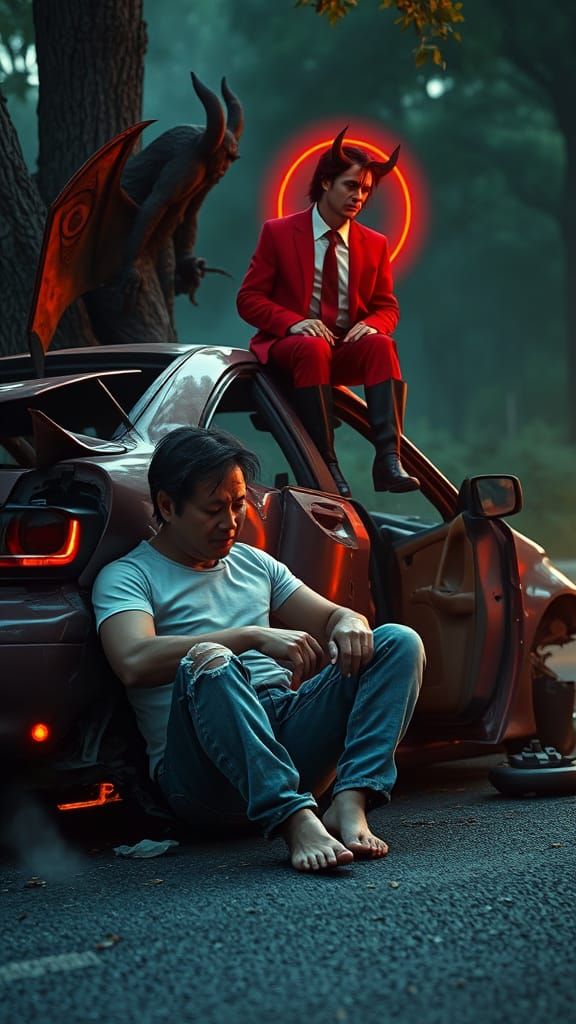 Wrecked Car Crash with Devil in Greg Rutkowski Style