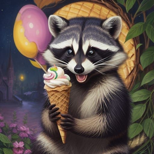 A happy raccoon eating an ice cream cone. Josephine Wall