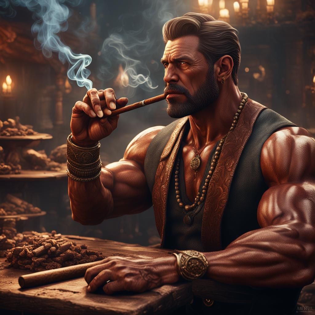 Muscular Man Smoking Cigar, Detailed Matte Painting