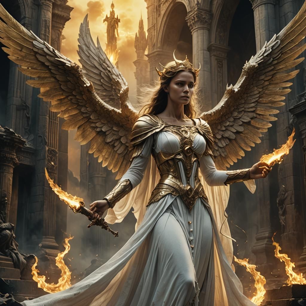 Angel Saving Demon in Dark Gothic Landscape